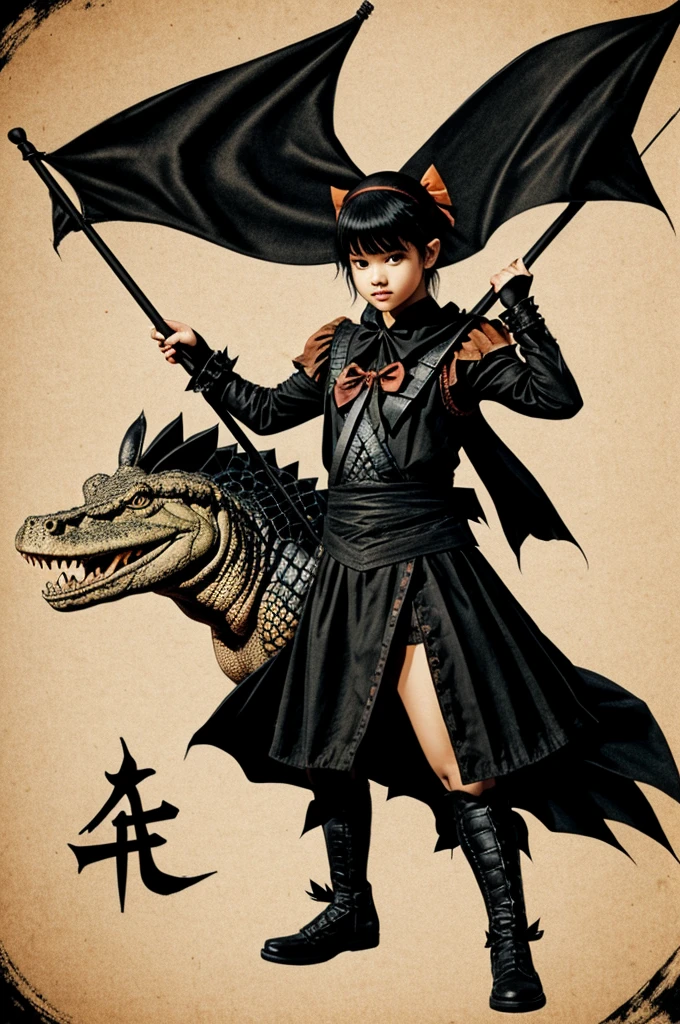 crocodile on two legs, holding a black flag with the babymetal logo, with a headband and a drawing of a peach