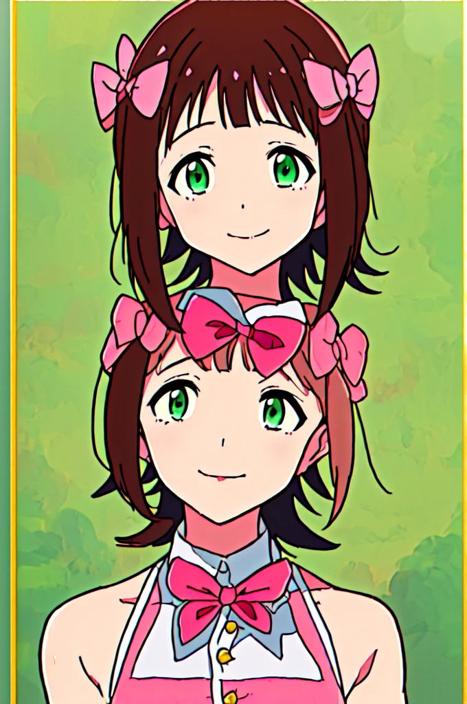 haruka amami, brown hair, (green eyes:1.5), short hair, (hair bow:1.5), hair ribbon, bangs, blunt bangs,
pink diamond 765 (idolmaster), heart,
(best quality, masterpiece, RAW photo,ultra-detailed:1.2), 1girl,solo,looking at viewer,smile,
