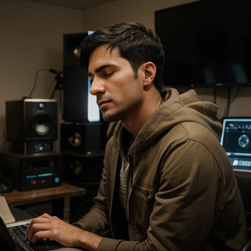 Show，man with short black hair，Use a BEIGE HOODED KANGAROO，Sit next to the computer，Hold the microphone with both hands，Close your eyes，indoor environment，The lighting is dark, fm radio studio, looking at the pc, absolutely detailed hands 