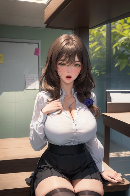 ,(((Full and soft breasts,)))(((Huge breasts))) (((Cleavage))) (Perfect curvy figure) ,Lisa, Genshin Impact, 1 girl, Solitary, ((White shirt)), black High Leg Raise, Huge breasts, cleveage, , office background, Black skirt, Pleated Skirt, Short skirt, office, Hair between the eyes, Messy hair, Big breasts, Long hair, Brown hair, red short nails, Green Eyes, Solitary, High Leg Raise, Thick thighs, very Long hair, ((masterpiece)), classroom, machine, Chair, board, class board, teaching, blush, put your hands on the chest, Touch the chest, open mouth, Squint your eyes, 