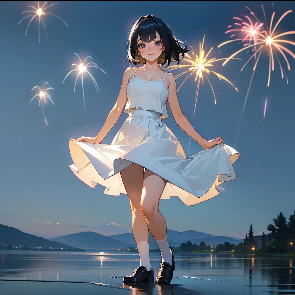 (high quality, High resolution, Very detailed, reality:1.37), Peaceful atmosphere, (Night Sky, firework), Teenage girl standing alone, (my breasts are big.), Beautiful details, Cute Smile, (Black bob hair), White camisole dress, White socks, loafers.
