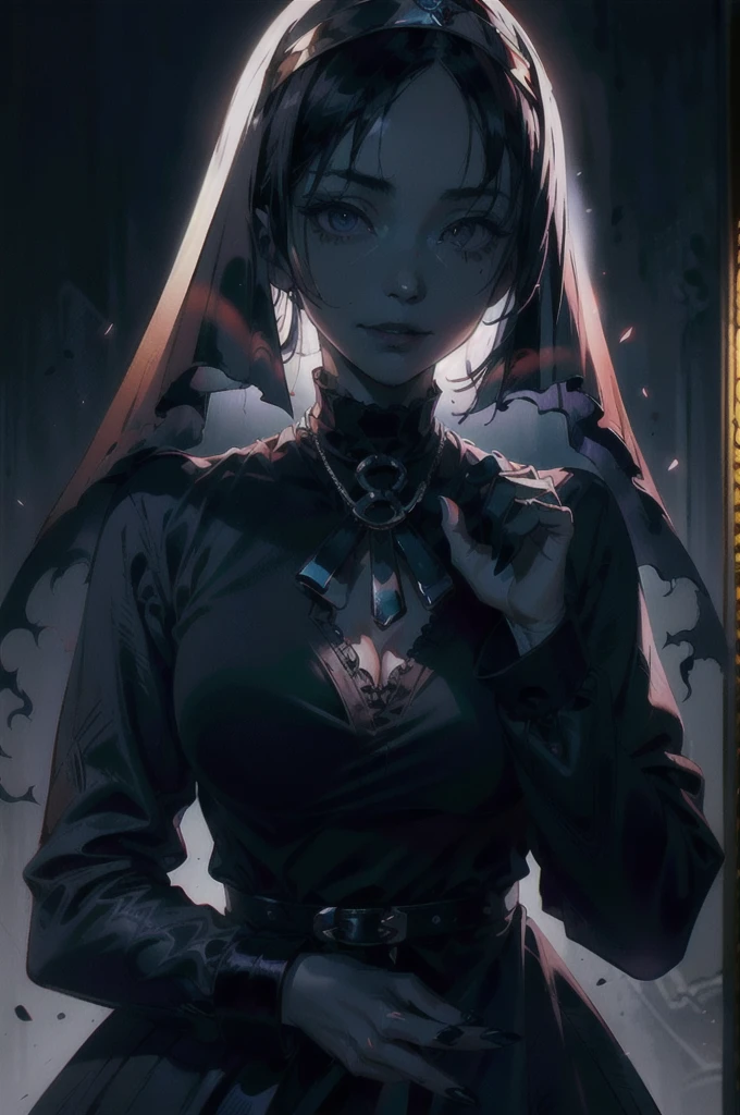 (masterpiece, Highest quality), (Perfect hands), (sharp), (8K resolution), (Cinema Lighting), color: Dark and gloomy, (Ghostly), (intense expression), (Spooky atmosphere), (Dramatic Shadows), (Dynamic pose), (an ominous雰囲気), (an ominous), (Fascinating), (Gothic), (Mysterious Setinodi Color Palette), (Skillfully drawn), (an ominous smile), (Fascinating eyes), (Horror elements), (Fascinating composition), (Impressive anatomy), (Striking contrast), (an ominous mood), (Exquisite craftsmanship), (Nuns), classic Nuns wear, (黄colorい目),