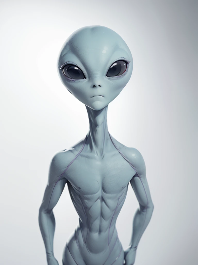 (((Masterpiece))), (high quality),(one alien boy:1.2), 40 years old,(frowning),5 heads,(Skinhead,Gray aliens,Large, dark, almond-shaped eyes,:1.2),(No hair, no whites, no ears:1.3),(Wearing a silver body-fitting suit:1.2),(leaning forward,arms behind back:1.5),Plain background,(from above:1.5)