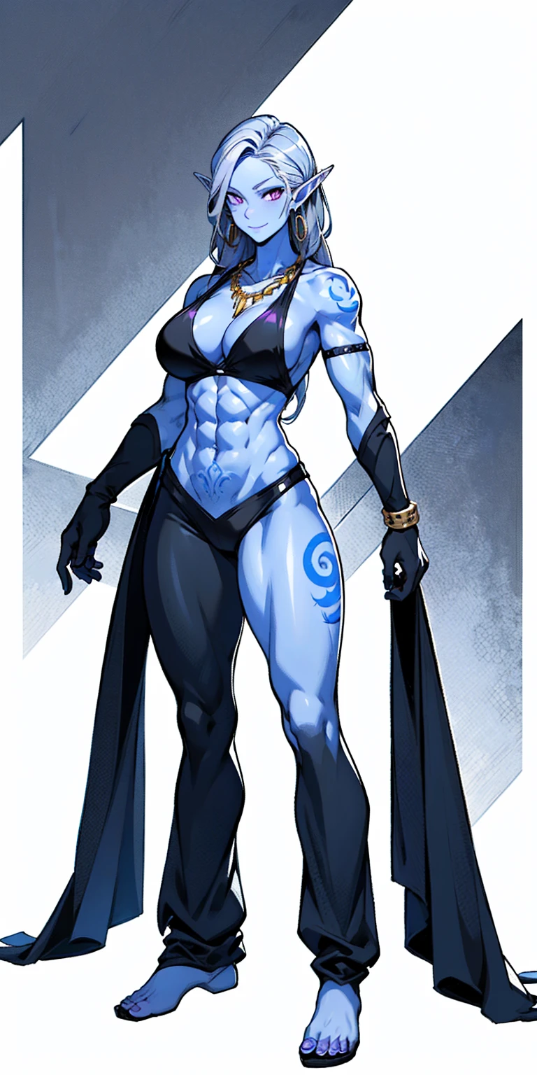 Character:
Gender: Female
Age: Mature
Race: Drow elf
Skin tone: Gray
Hair color: White
Eye color: Purple
Facial expression: Happy
Body type: Muscular with abs
Attire:
Clothing: Black bikini
Accessories: Large earrings, gold chain necklace, red stomach tattoo
Pose:
Position: Standing
Perspective: Full body
Additional details:
Pixel art style