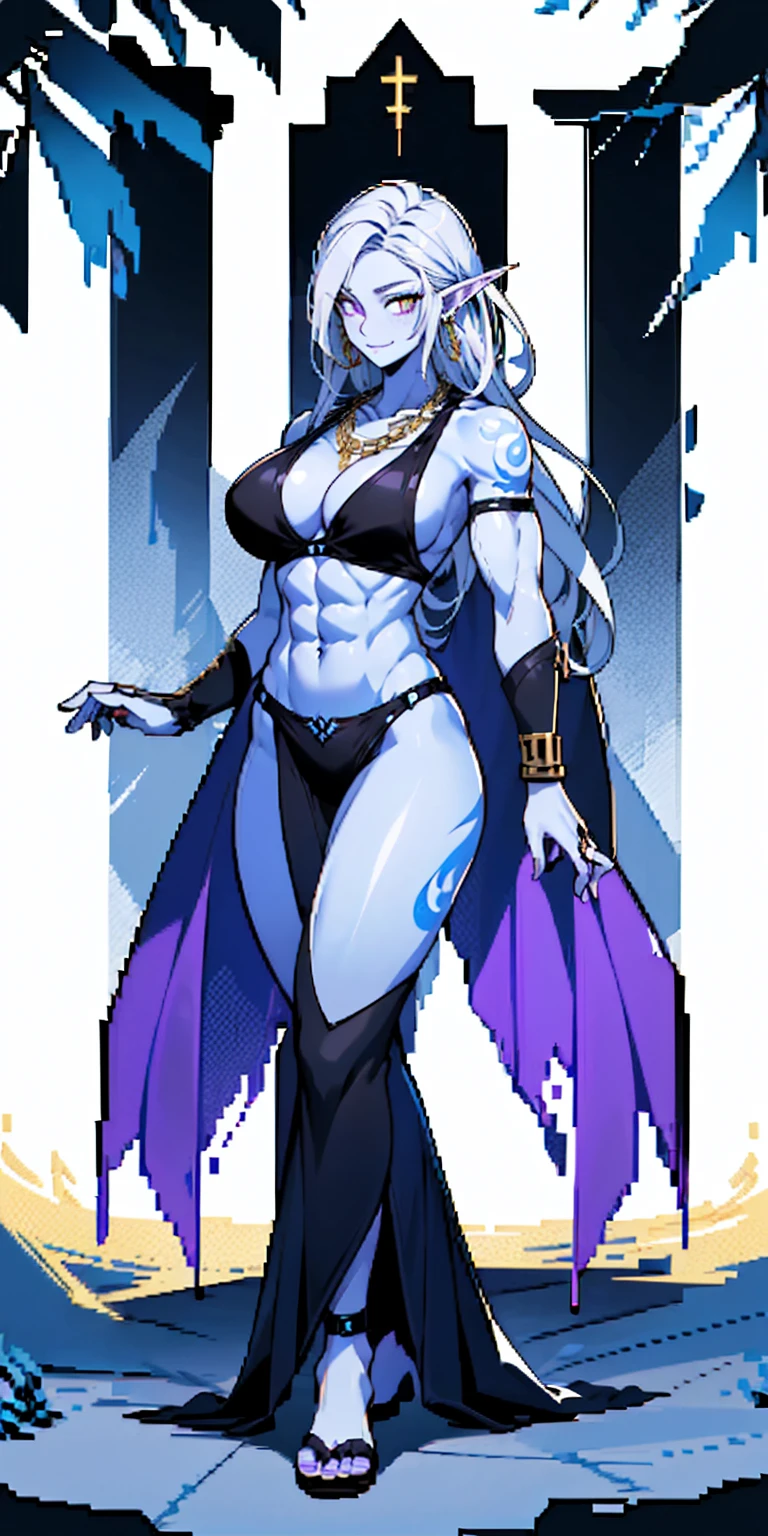 Character:
Gender: Female
Age: Mature
Race: Drow elf
Skin tone: Gray
Hair color: White
Eye color: Purple
Facial expression: Happy
Body type: Muscular with abs
Attire:
Clothing: Black bikini
Accessories: Large earrings, gold chain necklace, red stomach tattoo
Pose:
Position: Standing
Perspective: Full body
Additional details:
Pixel art style