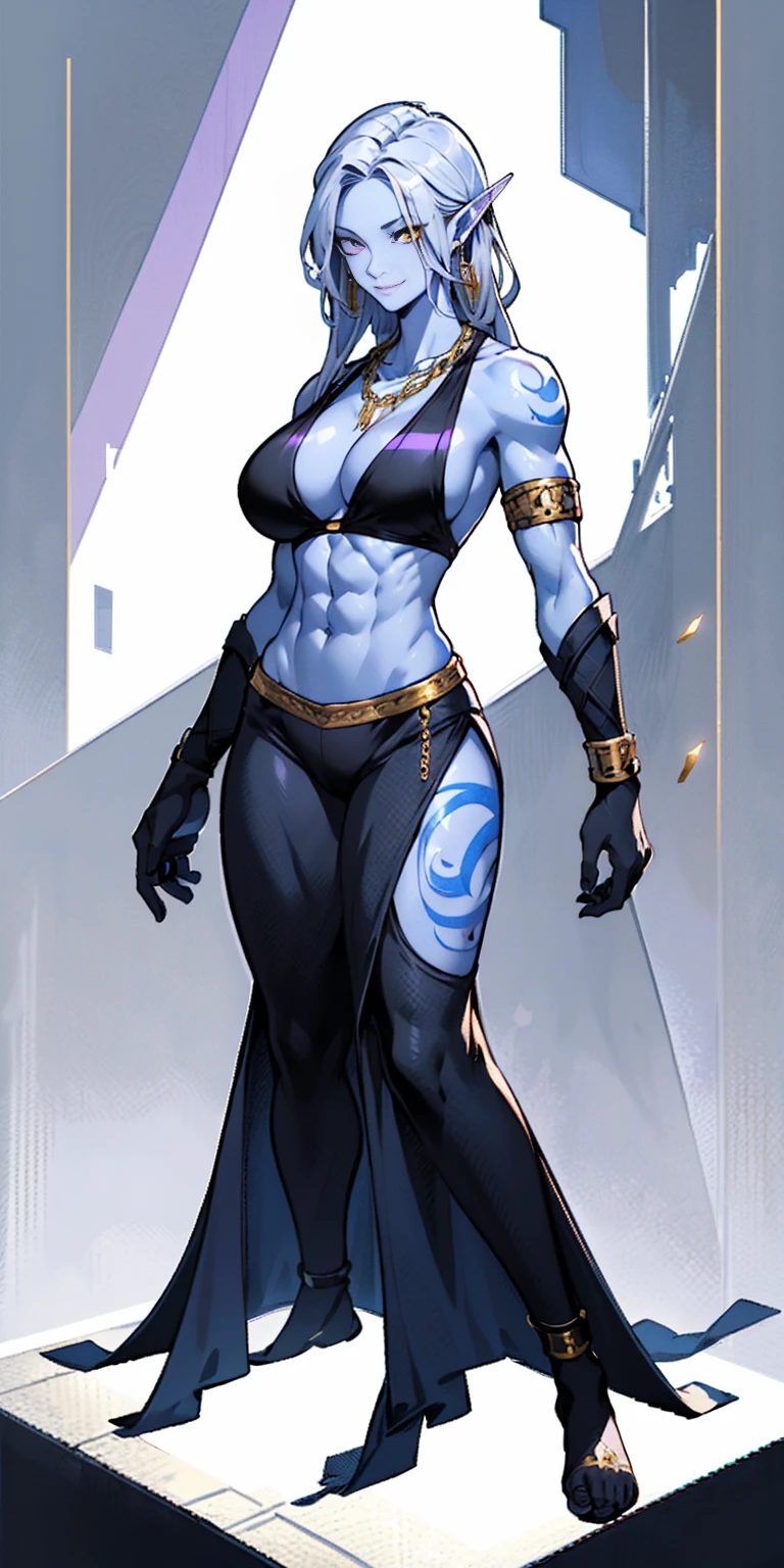 ((plain background:1.2, 1sologirl)) full body standing barefoot hands on waist navel, very purple skin, drow, elf, Madura, Detailed happy face, purple eyes, white hair bob style, gold bikini, well defined six pack abs, Large knockers, golden gloves
