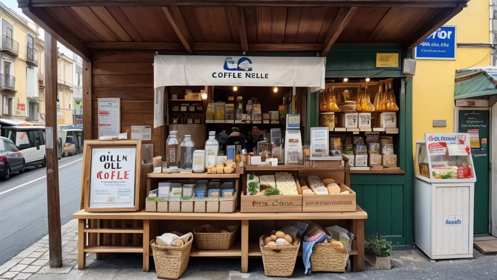 A sales kiosk selling milk, hot coffee, cheese, eggs, olive oil