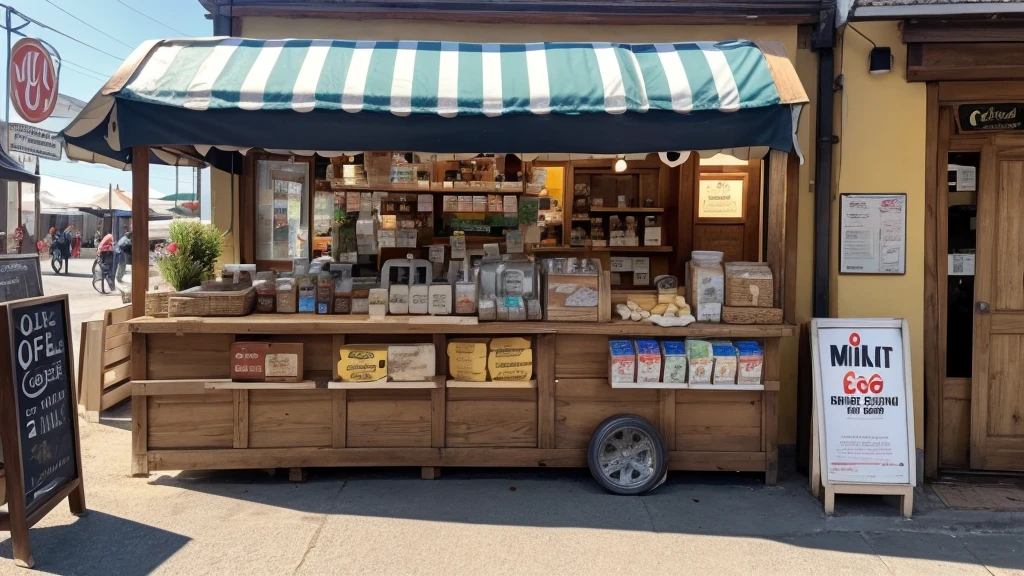 A sales kiosk selling milk, hot coffee, cheese, eggs, olive oil