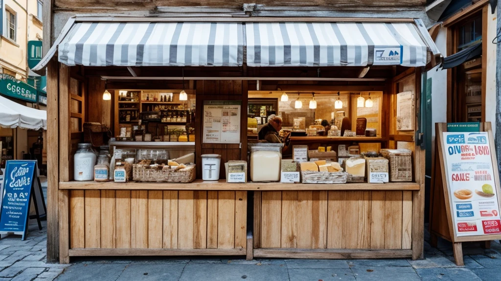 A sales kiosk selling milk, hot coffee, cheese, eggs, olive oil