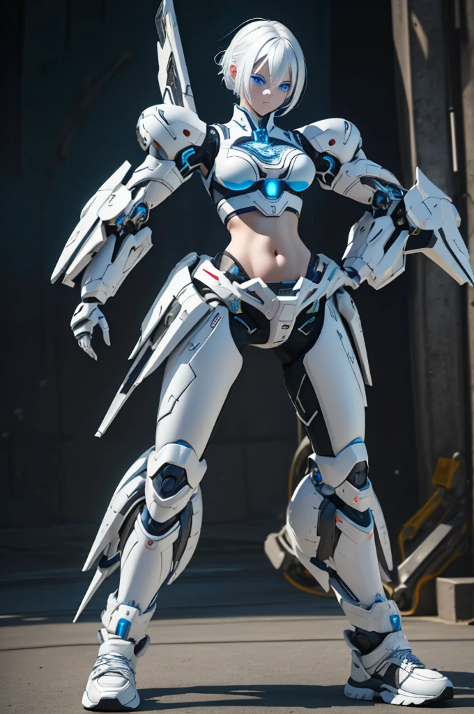 best quality, 1080P, Masterpiece, Whole body photo, Ultra high resolution, photorealistic photo, ultra realism, Realistic skin texture, white hair, High Pigtails, Extreme skin detail, dslr, Detailed eyes, red eyes, Facing the camera, Very beautiful face, Firm facial structure, Pale skin, Realistic skin texture, Extreme skin detail, oc render reflection textures, Realistic light and shadow, One picture, alone, The body is slender and balanced.., Age 20, Height 170, no underwear, Flat stomach, (White shiny leather bodysuit), full body view, Whole body photo, A girl with the body of a mechanical robot., Transparent futuristic white glass mech armor suit, Airi_aov_hs, 1girl, 独奏, bangs, long hair, white hair, very long hair, headband, black headband, cyber headband, horns, eyelashes, long eyelashes, eyeliner, sharp eyelids, makeup, lips, earrings, red earrings, head, face, smile, close mouth, bodysuit, white/black bodysuit, leotard, cybernetic leotard, bare shoulders, shoulder armor, white/black shoulder armor, transparent shoulder armor, arm armor, gloves, gray gloves, thighs, white thighs, stockings, cyber tights, boots, long boots, platform shoes, The mechanical cervix is attached to the neck., Woman with perfect mechanical arms and legs, beautiful breasts,