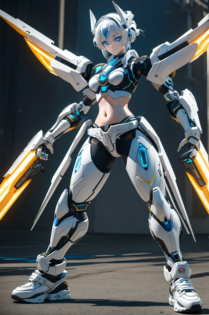 1 girl with white hair, blue eyes, wearing a high-tech bra, midriff exposed, mechanical battle arms, pants, high-tech sneakers, serious pose, setting with Mecha robot