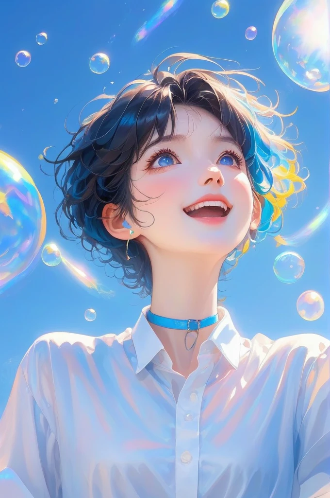 (masterpiece,最好of质量,Extremists_详细of,high resolution,absurd:1.2), blue, 一个在水下闭着眼睛of男孩,Wear a white-collared shirt,depth_of_site,(Long neck looking up:1.2),bubble,(One hand raised:1.2), Complementary colors,Short and messy_hair,Light eyes,Strong contour light,high resolution