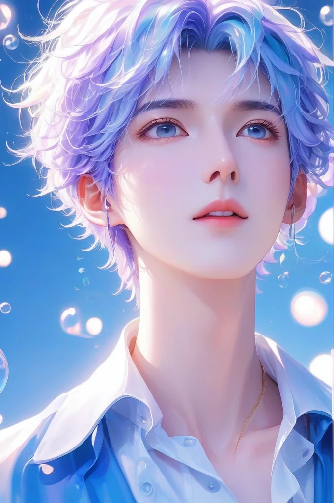 (masterpiece,最好of质量,Extremists_详细of,high resolution,absurd:1.2), blue, 一个在水下闭着眼睛of男孩,Wear a white-collared shirt,depth_of_site,(Long neck looking up:1.2),bubble,(One hand raised:1.2),   Complementary colors,Short and messy_hair,Light eyes,Strong contour light,high resolution