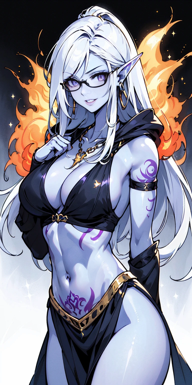 A mature drow elf woman with gray skin stands tall and proud, her muscular body adorned in a black bikini. Her white hair frames her face, which is etched with a happy expression. Her purple eyes sparkle with mischief, and her lips curve into a playful smile. Large silver earrings dangle from her ears, and a gold chain necklace rests against her skin. A fiery red tattoo adorns her stomach, adding a touch of mystery and intrigue.

The character is depicted in a classic pixel art style, with each block of color meticulously placed to create a detailed and vibrant image. The overall effect is one of strength, beauty, and confidence.