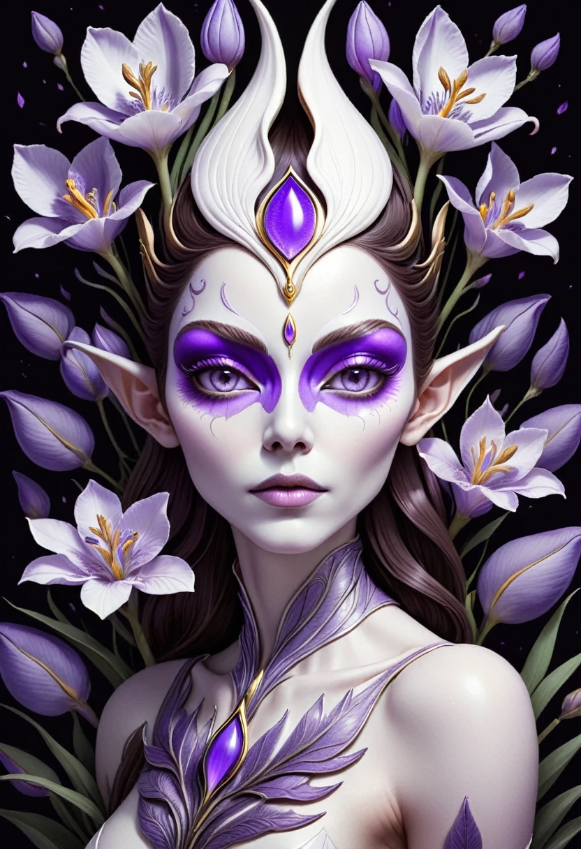 Illustration of a fantasy creature with a white, alien-like body and a head resembling a purple flower. Large, almond-shaped eyes with purple irises. A third eye in the center of the forehead. Lavender petals forming a crown around the head. Thin, branch-like arms. A small purple flower on the chest. Dark brown background. Style mixing botanical illustration with surreal fantasy art. Hand-drawn look with visible line work and subtle texturing. Muted color palette dominated by white, lavender, and dark brown. Trending on ArtStation.