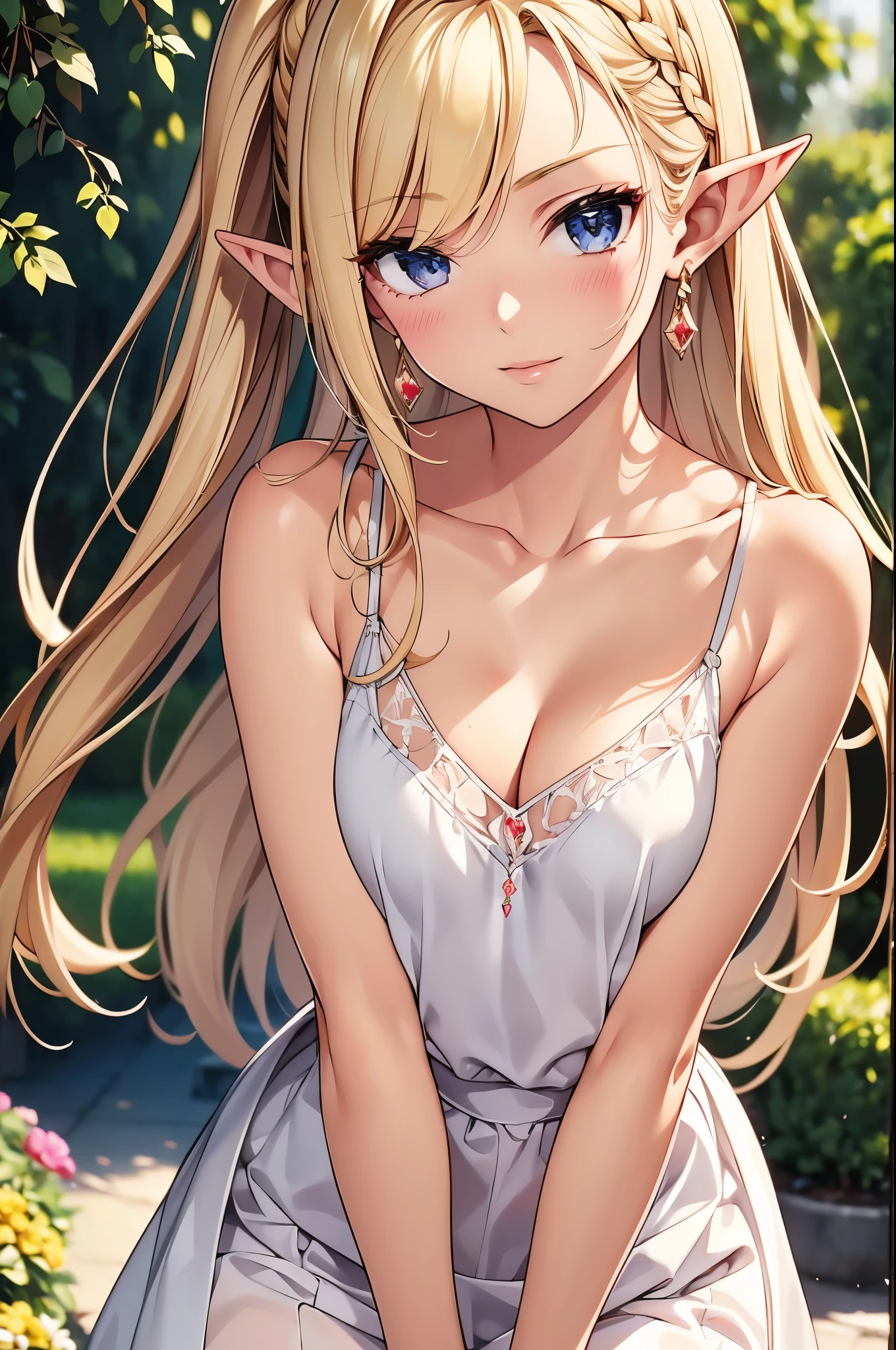 1 girl, Beautiful elf lady, blonde Long straight hair, upturn elf pointy ears, sexy figure, hot body, very beautiful face, detailed face, delicate eyes, detailed pupil, beautiful and delicate lips, blush, shy, heart, in love, white camisole long skirt, Simple and stylish, small crystal earrings, hand drawn animation, high detailed, outdoor, symmetrical clothes, best quality, masterpiece, retina,