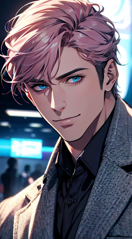 (best quality,4k,8k,highres,masterpiece:1.2),ultra-detailed,(realistic,photorealistic,photo-realistic:1.37),1 man,31 years old,mature man,very handsome,without expression,smile,short grey pink hair,blue eyes,penetrating gaze,perfect face without errors,imposing posture,businessman,office background,cinematic lighting,hdr image