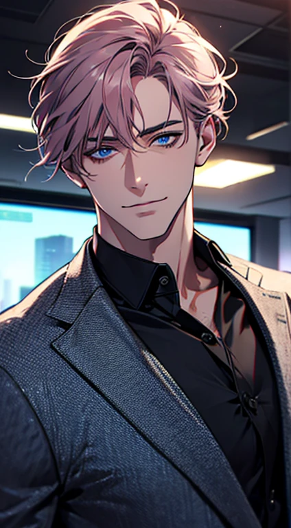 (best quality,4k,8k,highres,masterpiece:1.2),ultra-detailed,(realistic,photorealistic,photo-realistic:1.37),1 man,31 years old,mature man,very handsome,without expression,smile,short grey pink hair,blue eyes,penetrating gaze,perfect face without errors,imposing posture,businessman,office background,cinematic lighting,hdr image