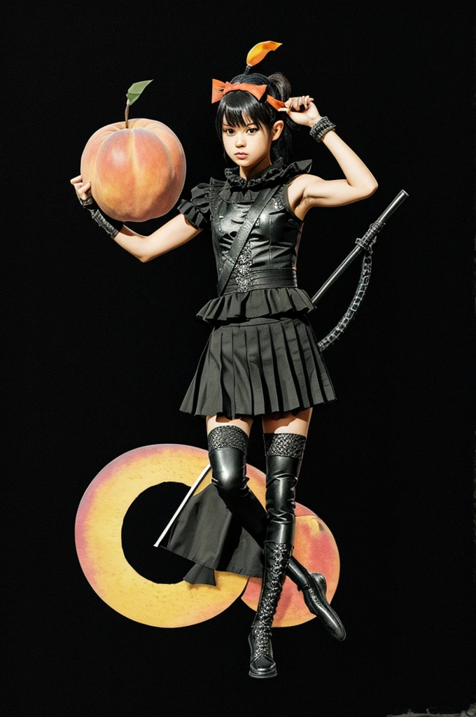 crocodile on two legs, holding a black flag with the babymetal logo, with a headband and a drawing of a peach