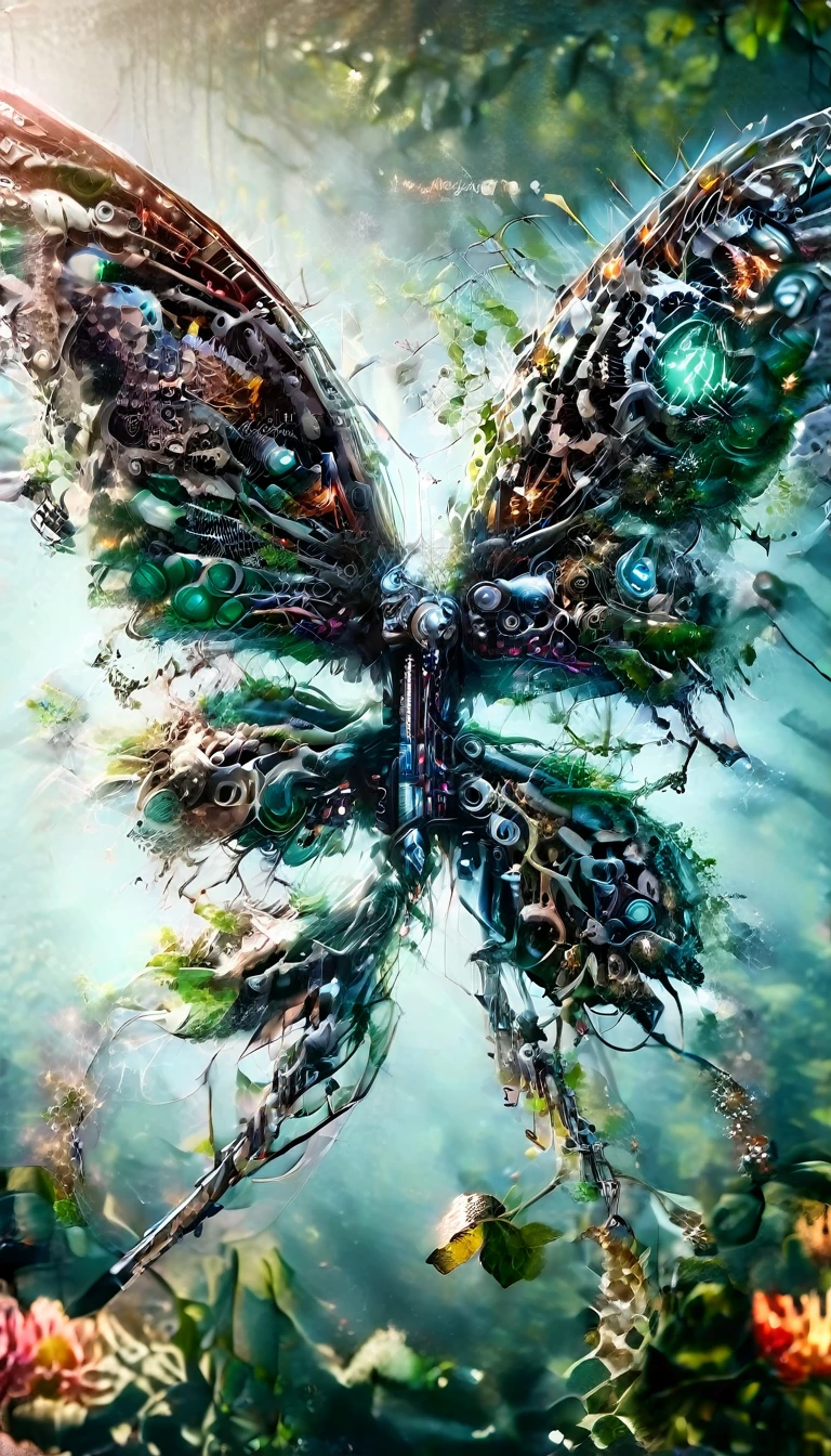 Vivid ais-postdyz butterfly, Flying gracefully through the soft neon and natural light, A symbol of rebirth in a world that brings technology and nature back into balance