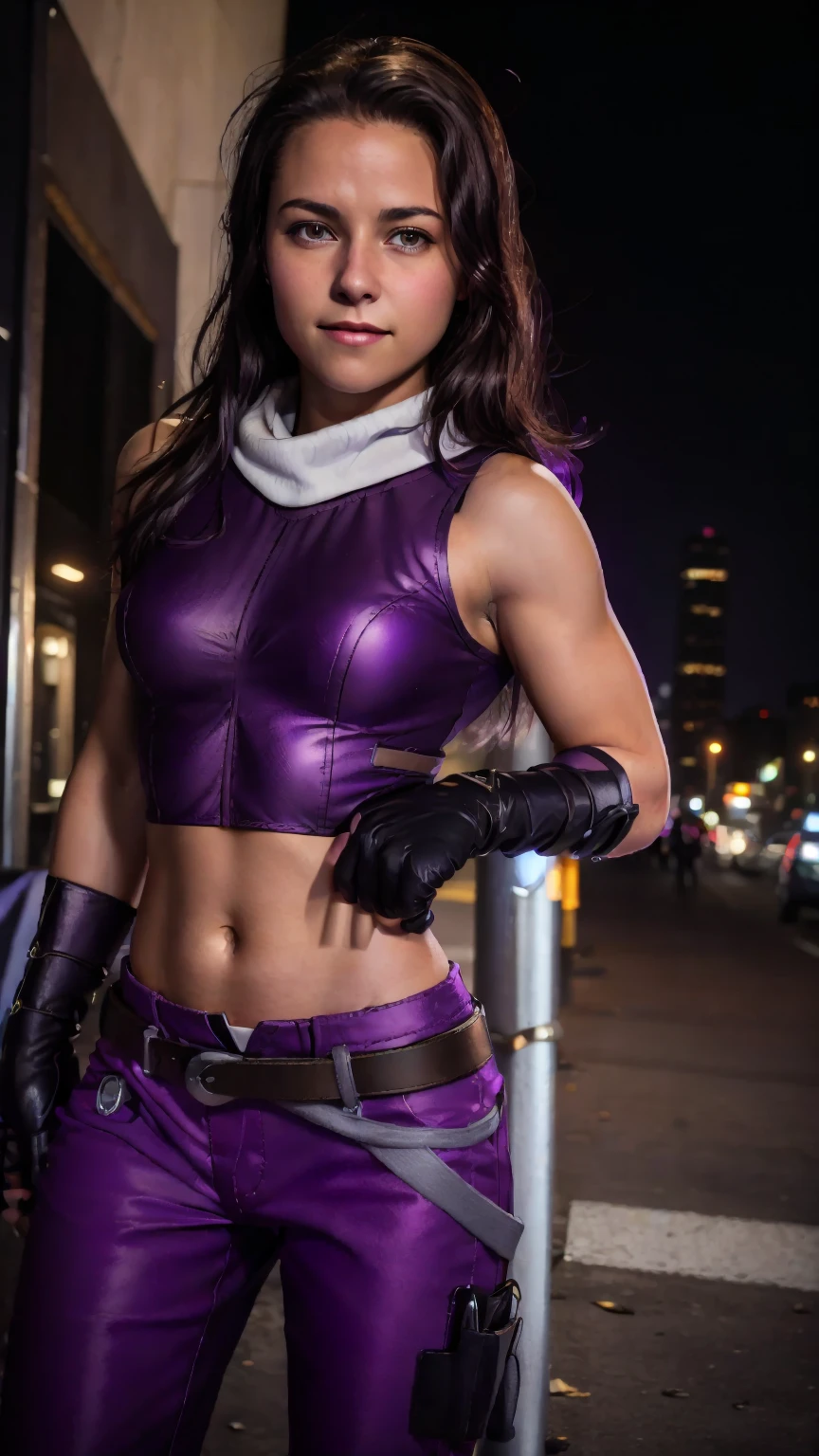 (masterpiece), (photorealistic1.4), (1 girl), (solo), (best quality), (epiCRealLife), (Kate Bishop long hair), (sleeveless top), (kateb2023 black utility belt), (kateb2023 purple costume), (purple pants) (kateb2023 purple sleevless bodysuit), (kst3w),(white scarf), bare shoulder), (night time), (black boot), (elbow gloves), (abs), (flash photography), (flashphoto), (cowboy shots), (outdoor), (street of new york), (at night), (look at viewers),(light smile)