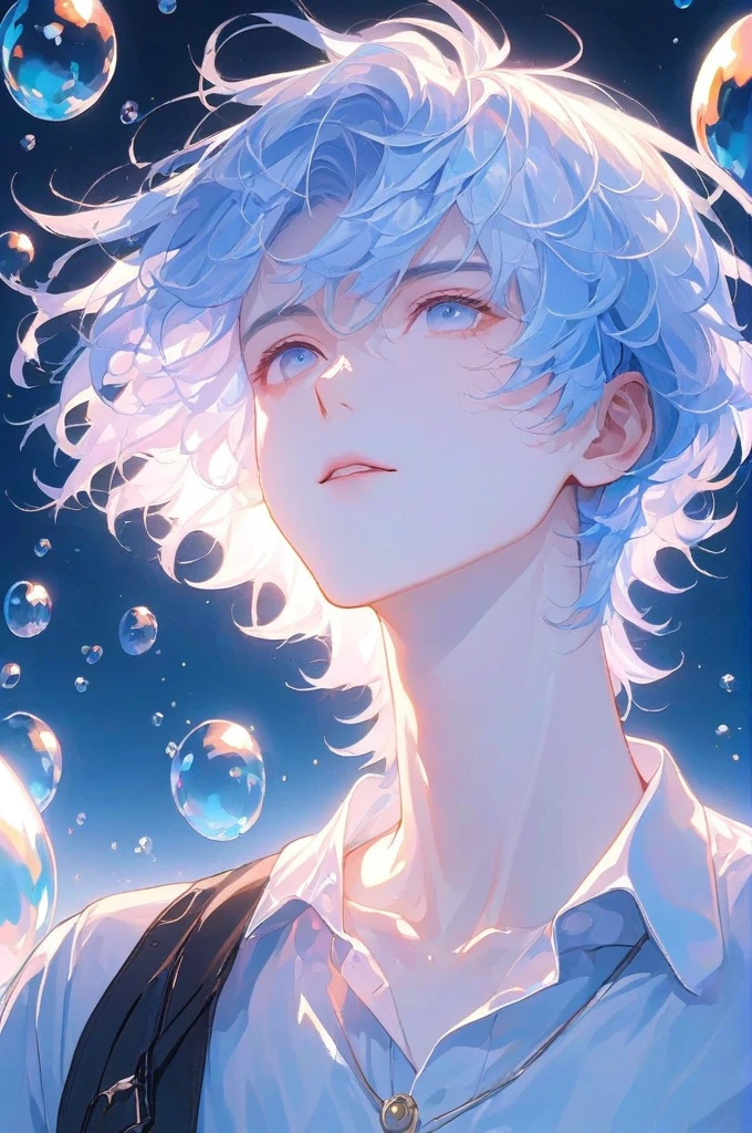 (masterpiece,最好of质量,Extremists_详细of,high resolution,absurd:1.2), blue, 一个在水下闭着眼睛of男孩,Wear a white-collared shirt,depth_of_site,(Long neck looking up:1.2),bubble,(One hand raised:1.2), Complementary colors,Short and messy_hair,Light eyes,Strong contour light,high resolution
