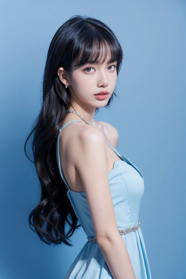 21yo girl, beautiful dress, blue background