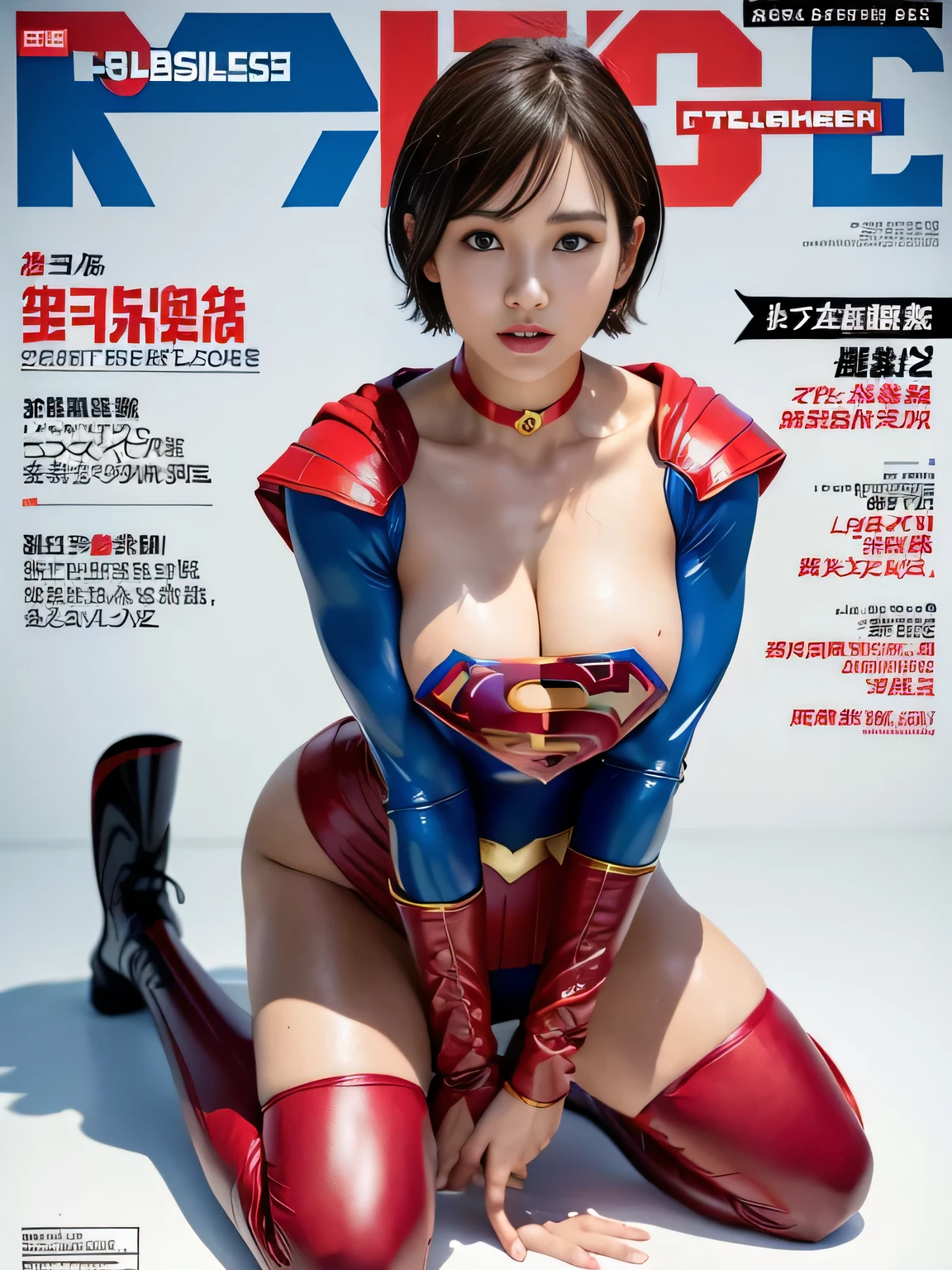 masterpiece、Rubber Supergirl Costume、short hair、Rubber Long Boots、Big and ample breasts、shiny sweaty skin、looking at the camera、choker、Long sleeve、Sexy poses to seduce、Off the shoulder、latex、from right in front、athlete、Racing Bloomers、Red Cape、Muscle training、Beautiful thighs、Photo magazine cover、operating table、Kneeling、