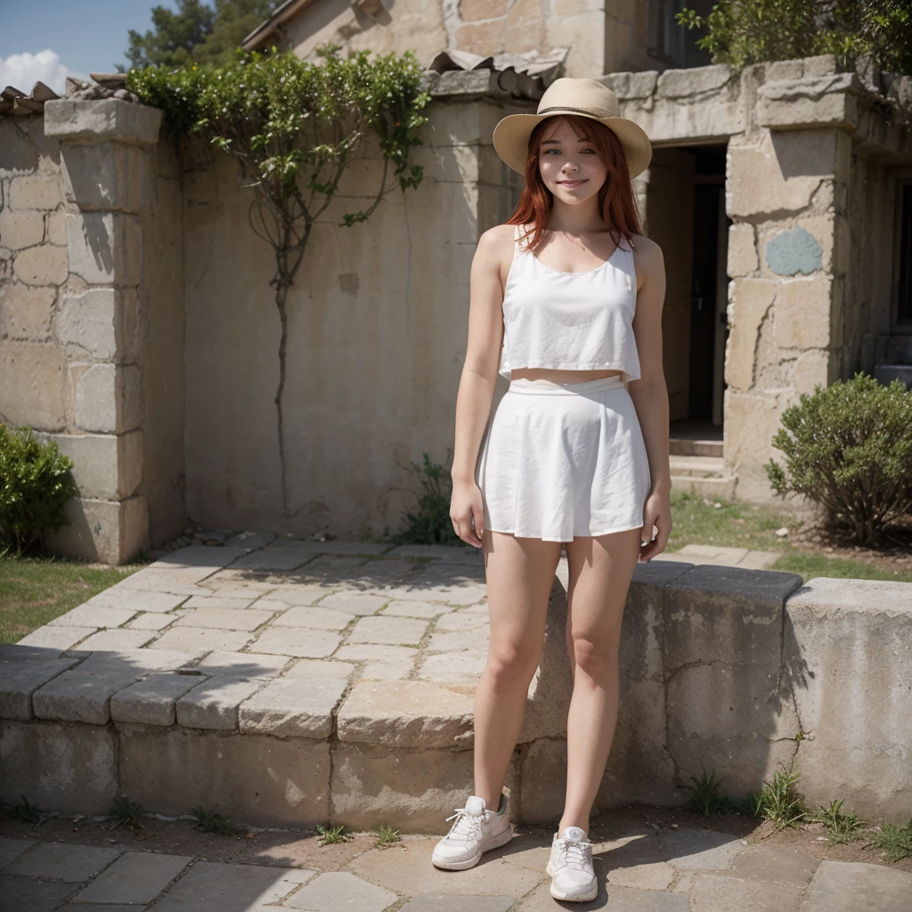 18-year-old girl resembling Chloë Grace Moretz, smiling, waist-length red hair, disheveled and disheveled, wearing a white fedora, white sleeveless blouse, blue miniskirt, tennis shoes, no socks, posing on a ruined stone structure , probably part of an old construction. The stones are arranged so that they form walls of different heights. In the background you can see a mountainous landscape under a clear sky with some clouds. As for the type of lighting, the photo appears to be taken during the day in direct sunlight. This can be inferred from the defined shadows and bright light illuminating the stones and ground, as well as the clear blue sky. super realistic, perfect body, correct proportions and perspectives, masterpiece