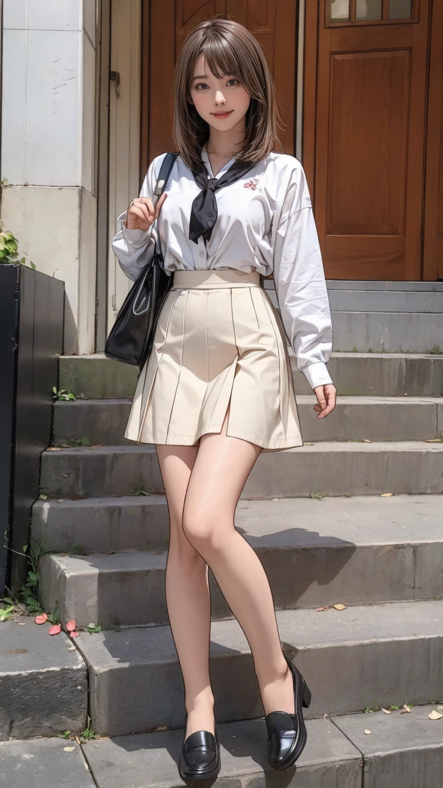 ((masterpiece)),(((Highest quality))),Thin thighs,Long legs,An 18-year-old woman standing on the steps of her school,Japan uniform:1.5,White camellia floral lace bra:1.5,open chest white shirt,The best smile,Short blonde hair:1.5,short side wave,Carrying a black backpack,Wear black loafers,
