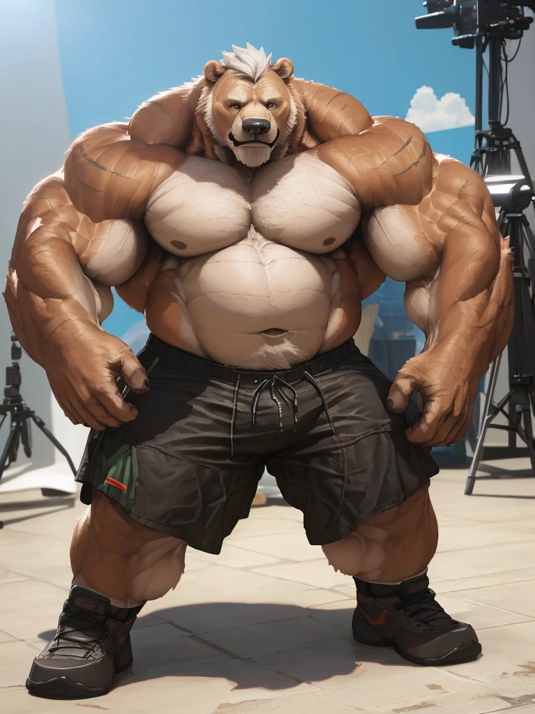 full shots, ground level camera shot, (best quality,4k,8k,highres,masterpiece:1.2),ultra-detailed,(realistic,photorealistic,photo-realistic:1.37),((massive muscular)) ((huge Muscular)) grizzly bear daddy standing in photo studio, simple background, shorts , white hair, super thick arms, super big pectoral, super wide pectoral, topless, shirtless.