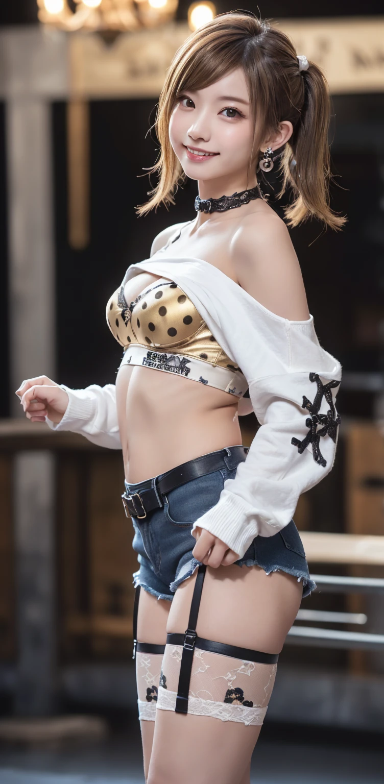 (Full body image:1.3)、(Beautiful lips and nose:1.4)、(Side view:1.1)、(Smiling with teeth showing:1.3),(Fashion Model:1.5)、(Tattered Gothic Lolita outfit with delicate embellishments:1.5)、(White off-shoulder hoodie:1.5)、(black, Silver and white shorts:1.4)、(denim garter belt:1.5)、(black and denim knee socks:1.3)、(Skull Silver Accessories:1.5)、(Lace Color:1.3)、(Brown Skin Belt:1.4)、(Brown boots:1.2)、(Polka dots on underwear:1.4)、23 years old、((Highest quality、In 8K、masterpiece:1.3))、Sharp focus:1.2、(Layered Cut、Huge boobs:1.4),Beautiful woman with perfect figure:1.4、(Dance vigorously:1.3)、Slim Abs:1.2、Highly detailed face and skin texture、Fine grain、double eyelid,(Twin tails:1.3)、(Brownish golden hair:1.3)、Idol Sculpture、(The background is a gorgeous dance hall.:1.3)、(The body is slim:1.2),(Slimming your legs:1.4),(clavicle:1.1)