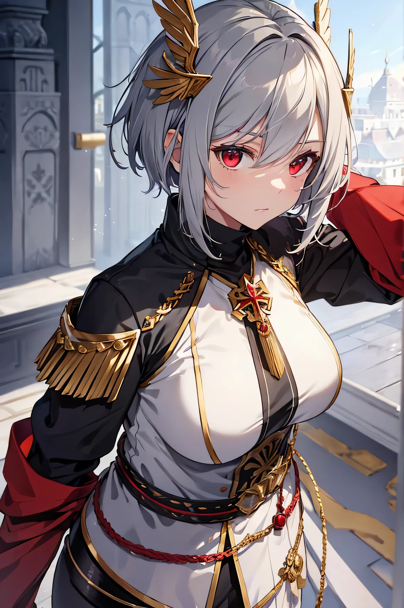 4K,High resolution,One Woman,Grey Hair,Short Hair,Red eyes,Big Breasts,Valkyrie,black sacred armor,Winged headgear,Gold decoration,Jewelry decoration,Holy Long Sword,Temple in the Sky