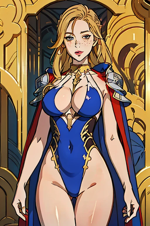 (artwork 1:2, maximum quality, 8k, best quality, beautiful and aesthetic: 1.2) (a woman), (Art Nouveau watercolor painting) extremely detailed, colorful, more detailed, faithful style, (goddess freya: 1.5 ), nordic goddess, european woman, bright eyes, light blue eyes, thick eyelashes, loose braided hair, long hair, blonde hair, large breasts, cleavage, exposed breasts, exposed belly, show navel, show thighs, show cleavage, show breasts , seductive lips, animal leather cloak, beautiful woman, mature woman, attractive woman, voluptuous woman, perfect body, short stature, freckles on the face, freckles under the eyes, necklace, brisingamen freya necklace, golden viking armor, detailed armor , emphasis on armor, golden armor, shoulder armor, waist armor, wrist armor, shining armor, sparkling armor, raising a glass of beer, toasting with beer, (Background with layout of tarot cards in high relief with runes and drawings Nordic and patterns inspired by the style of Alphonse Mucha), (realistic rendering, elaborate details)