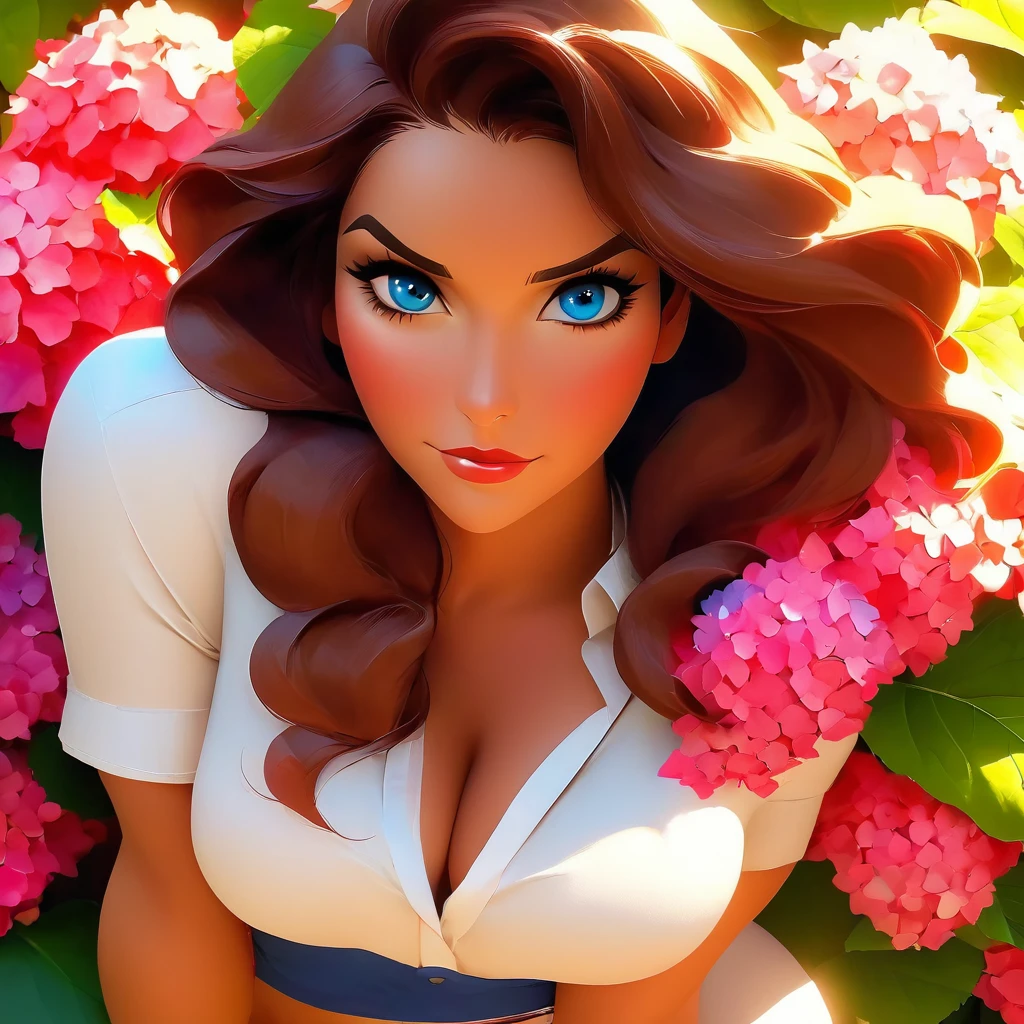 (best quality,4k,8k,highres,masterpiece:1.2),ultra-detailed,realistic, Captured from front, bright colors, vibrant tones, brunette girl, detailed eyes,detailed lips,long eyelashes,sexy,posing confidently,front view, tropical paradise, lush garden, natural pool, blooming flowers, crystal clear water,scenic beauty,sunlight filtering through the trees, tranquil atmosphere,serene ambiance