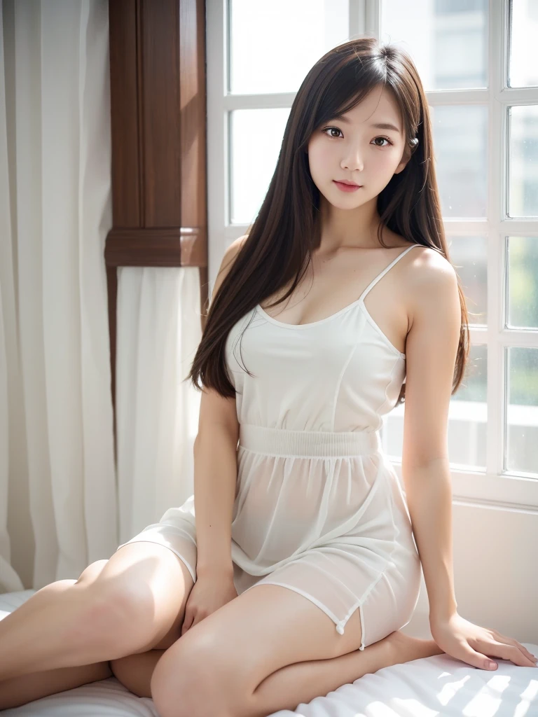 White Room、Sheer dress、(Highest quality)、((Very detailed))、4K、(8K)、masterpiece、Very detailedな、Highest quality、Super Resolution、1 person、Kind Face、Soft Light、RAW quality、Soft Skin、163cm、30 years old、Thighs、Sandals