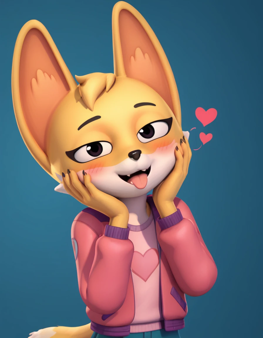 score_9, score_8_up, score_7_up, score_6_up, score_5_up, score_4_up, kit casey, fox, anthro, female, furry, solo, looking at viewer, pink jacket, shirt, blush, bedroom eyes, tongue out, blep, hands on face, yandere, possessive, <3, hearts, standing, 3d