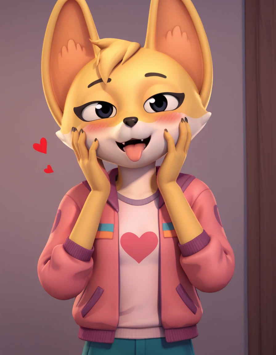 score_9, score_8_up, score_7_up, score_6_up, score_5_up, score_4_up, kit casey, fox, anthro, female, furry, solo, looking at viewer, pink jacket, shirt, blush, bedroom eyes, tongue out, blep, hands on face, yandere, possessive, <3, hearts, standing, 3d