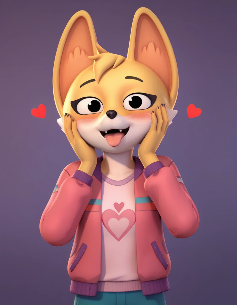 score_9, score_8_up, score_7_up, score_6_up, score_5_up, score_4_up, kit casey, fox, anthro, female, furry, solo, looking at viewer, pink jacket, shirt, blush, bedroom eyes, tongue out, blep, hands on face, yandere, possessive, <3, hearts, standing, 3d