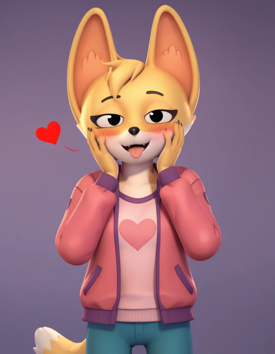 score_9, score_8_up, score_7_up, score_6_up, score_5_up, score_4_up, kit casey, fox, anthro, female, furry, solo, looking at viewer, pink jacket, shirt, blush, bedroom eyes, tongue out, blep, hands on face, yandere, possessive, <3, hearts, standing, 3d