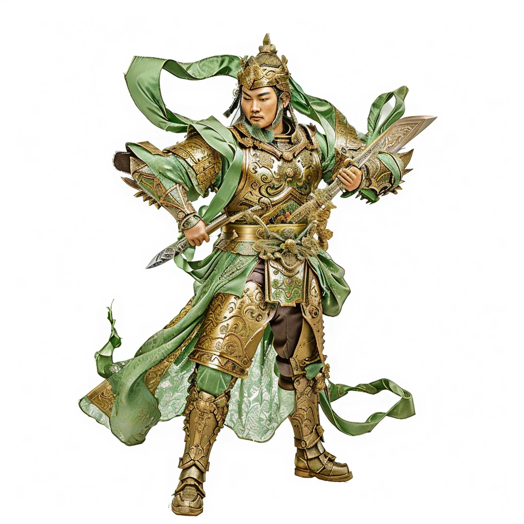 an ancient chinese warrior with armour, holding a curvy sculpted sword, green deity ribbon, no beard, 