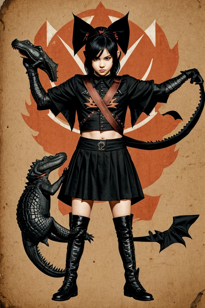 crocodile on two legs, holding a black flag with the metal logo, with a headband and a drawing of a peach