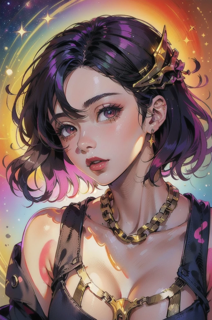 Close-up of a woman with colorful hair and necklace, Anime girl with space-like hair, Ross paints a soft, lively picture, Gvez-style artwork, Fantasy art style, colorful], Vivid fantasy style, Ross draws vibrant cartoons, cosmic and colorful, Gwaiz, colorful digital fantasy art, Great art style, Beautiful anime style, Shiny Hair