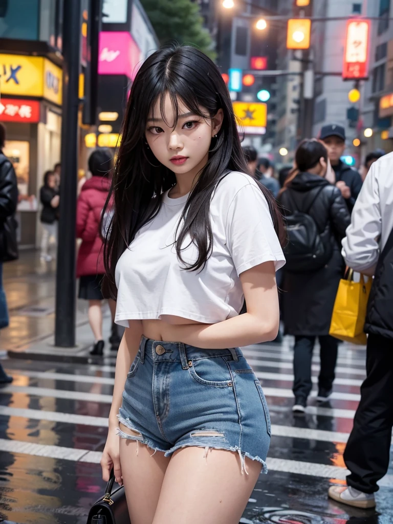 Jennie Kim, the iconic BLACKPINK rapper and singer, is in Seoul showing off his attributes, thick-thighs, big-ass, big boobies, sensual belly and wide hips. Despite the downpour, she has a dumb expression on her face, while striking suggestive poses through the city streets. Her short pink crop top and her mini denim skirt showing her ass, combine creating an elegant and modern silhouette. Her beautiful black hair flowing in the wind, but this only serves to enhance your natural beauty. A faint smile plays on his full, thick lips, as she observes the world around her with an air of mystery. City lights flicker and reflect in puddles of water, creating a vibrant and lively urban setting. Focus on Jennie&#39;s face. focus on the body.