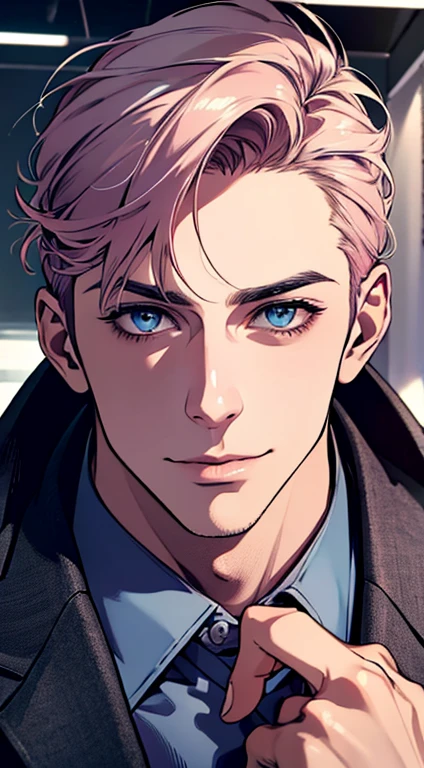 (best quality,4k,8k,highres,masterpiece:1.2),ultra-detailed,(realistic,photorealistic,photo-realistic:1.37),1 man,31 years old,mature man,very handsome,without expression,smile,short grey pink hair,blue eyes,penetrating gaze,perfect face without errors,imposing posture,businessman,office background,cinematic lighting,hdr image