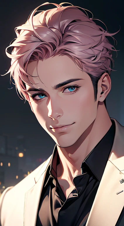 (best quality,4k,8k,highres,masterpiece:1.2),ultra-detailed,(realistic,photorealistic,photo-realistic:1.37),1 man,31 years old,mature man,very handsome,without expression,smile,short grey pink hair,blue eyes,penetrating gaze,perfect face without errors,imposing posture,businessman,office background,cinematic lighting,hdr image