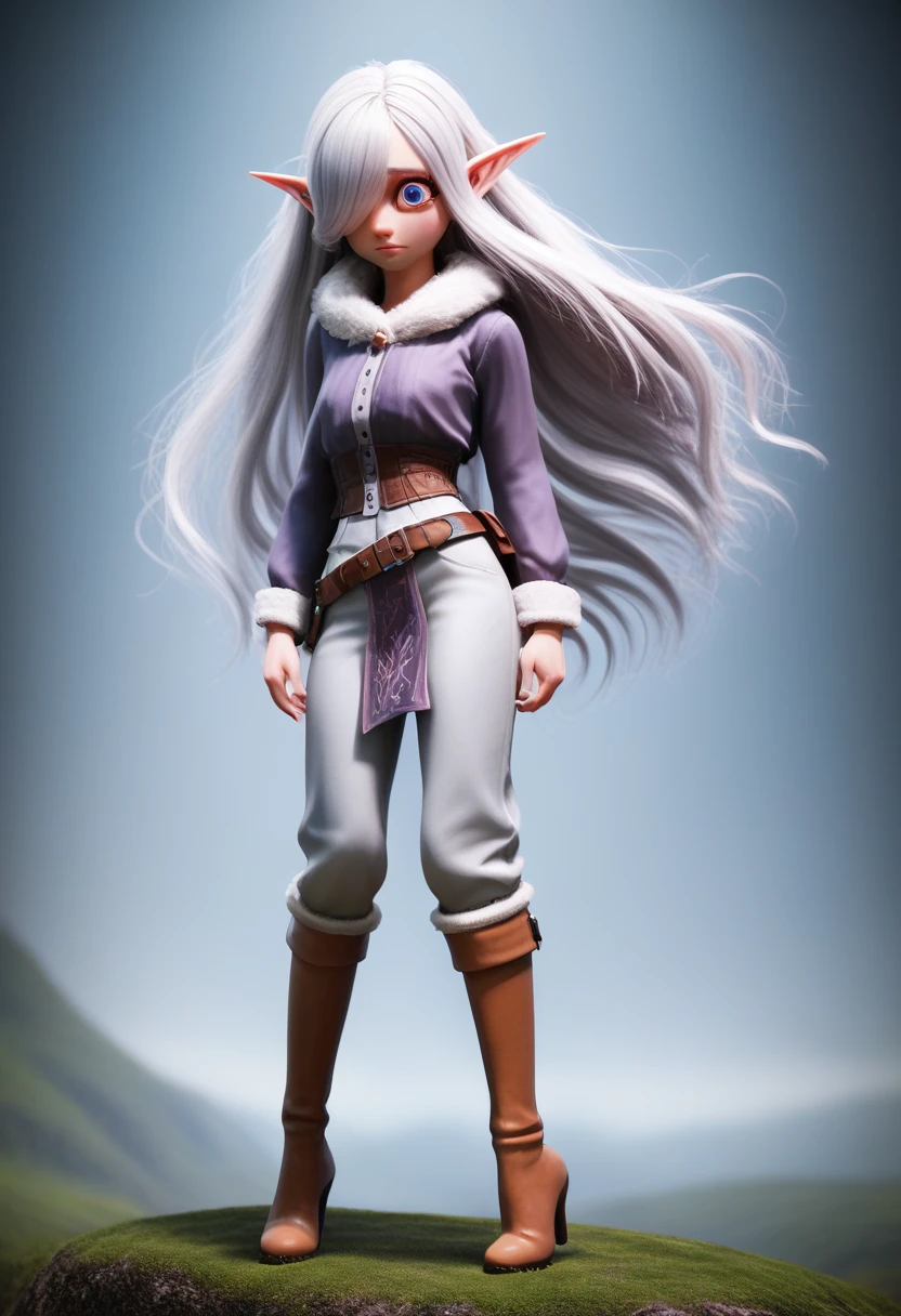 ((Best Quality)), (Masterpiece)), (Details: 1.4), Absurd Resolution, High Resolution, (Masterpiece: 1.4), Ultra Detailed, detailed gnome girl with pale skin, short stature, very long waist length silver hair that curls at the ends, covering one eye, with small breasts, pouty lips, and bright blue anime-style eyes with long lashes, wearing a corset, white puffy long sleeved shirt, and puffy cloth pants, leather bound boots, set in a windy fantasy landscape, (best quality,4k,8k,highres,masterpiece:1.2),ultra-detailed, dungeons and dragons, long elf ears, small girl, detailed skin and cloth textures, cute detailed face, intricate details, extremely detailed, 1girl, dynamic pose with hair covering one eye, shy personality, puffy cloth pants with leather belt, detailed privateer outfit, detailed buccaneer outfit, pouch on belt, wearing ornate leather armor with fur trim, silver inlay detail, wearing fur trimmed boots, wearing fur trimmed gloves, short, short height, halfing girl, small girl, very long detailed flowing hair, big head, big round eyes, windy, wind blown hair