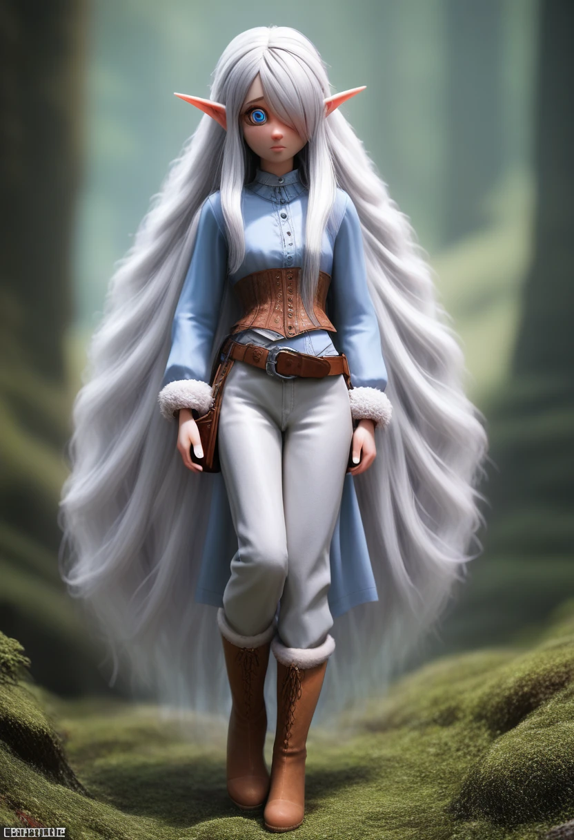 ((Best Quality)), (Masterpiece)), (Details: 1.4), Absurd Resolution, High Resolution, (Masterpiece: 1.4), Ultra Detailed, detailed gnome girl with pale skin, short stature, very long waist length silver hair that curls at the ends, covering one eye, with small breasts, pouty lips, and bright blue anime-style eyes with long lashes, wearing a corset, white puffy long sleeved shirt, and puffy cloth pants, leather bound boots, set in a windy fantasy landscape, (best quality,4k,8k,highres,masterpiece:1.2),ultra-detailed, dungeons and dragons, long elf ears, small girl, detailed skin and cloth textures, cute detailed face, intricate details, extremely detailed, 1girl, dynamic pose with hair covering one eye, shy personality, puffy cloth pants with leather belt, detailed privateer outfit, detailed buccaneer outfit, pouch on belt, wearing ornate leather armor with fur trim, silver inlay detail, wearing fur trimmed boots, wearing fur trimmed gloves, short, short height, halfing girl, small girl, very long detailed flowing hair, big head, big round eyes, windy, wind blown hair