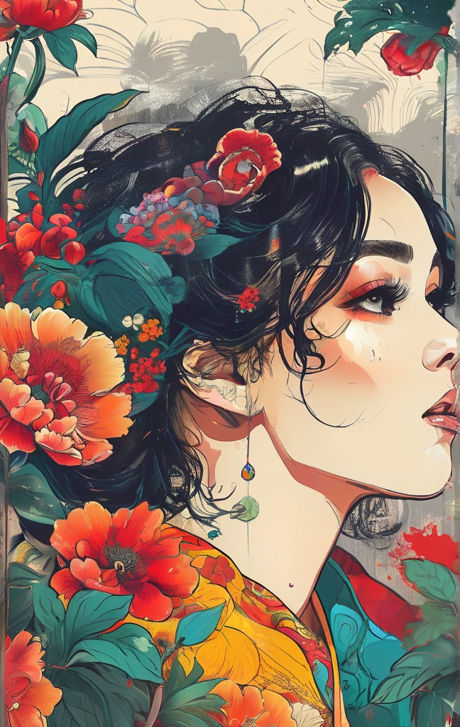 Create a digital art work in pop art style, featureing a vibrant and confident woman with bold makeup and colorfull fashion, cinematic color scheme, surrounded by vintage flowers patterns, energtic brushstrokes,the mood should be dynamic, upper body, drawing, illustration, grayscale, tropical, adubon fruits, adubon plants, many flowers, vector, painting oil, asian girl