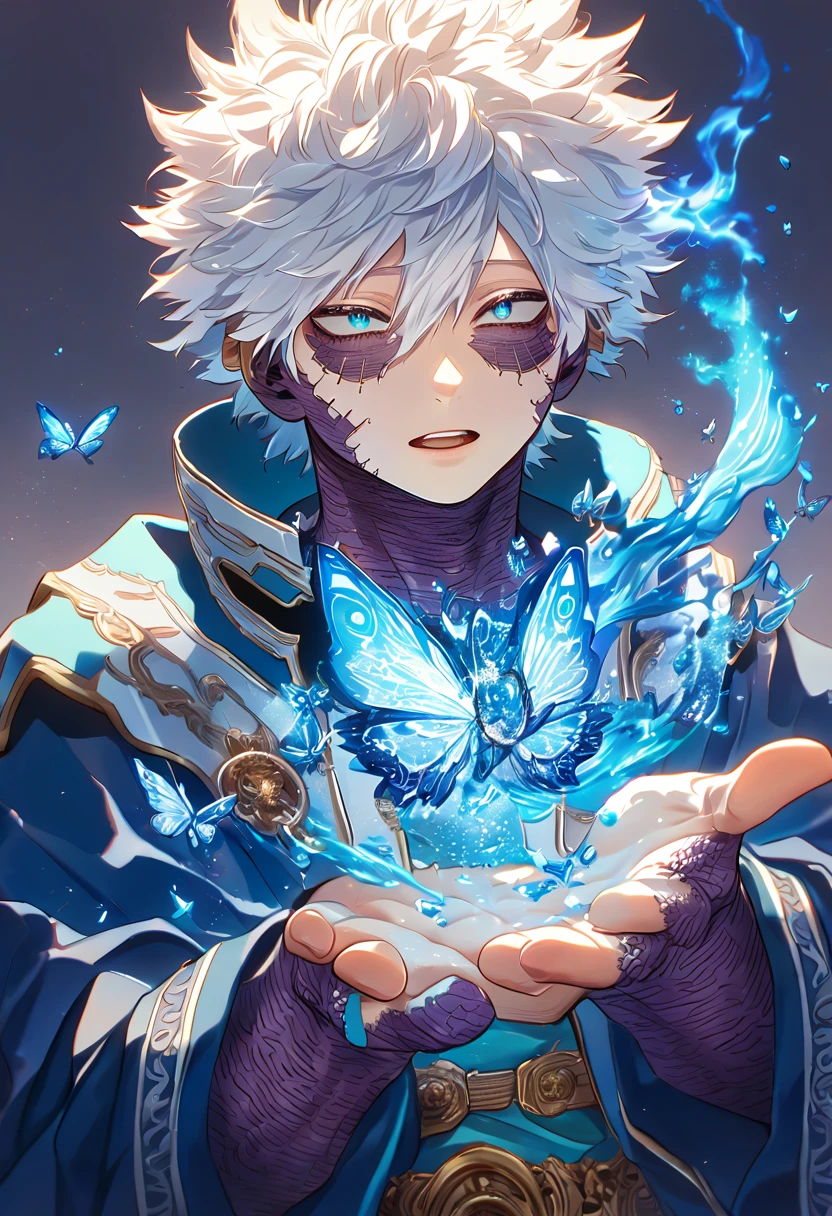 absurdres, highres, ultra detailed, HDR, master piece, best quality, extremely detailed, Dabi, white hair, expressive turquoise eyes, Boku No Hero Academia, cute small fox, sexy man, handsome, magical, fantasy, magic, blue fire, blue forest, glittering, blue butterflies, blue petals, blue flowers